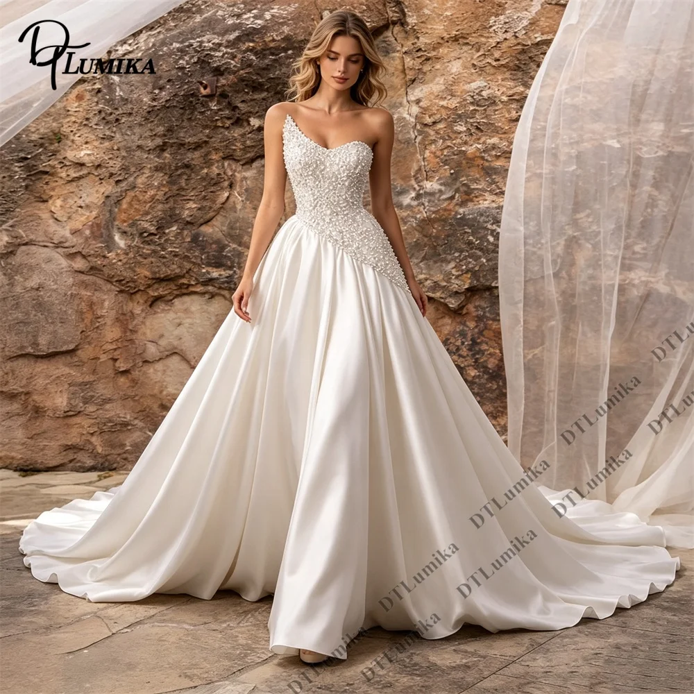 One Shoulder Beaded Satin Ballgown Wedding Dress Luxury Glossy Silky Bridal Gown Sweeping Train Plus Wedding Dress For Bride