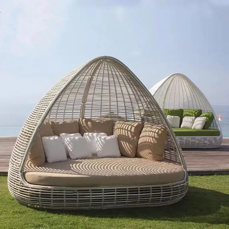 Outdoor Furniture relaxation daybed beach lounger Rattan Sunbed Set Rattan Furniture Garden Wicker oval Sunbed with cushions