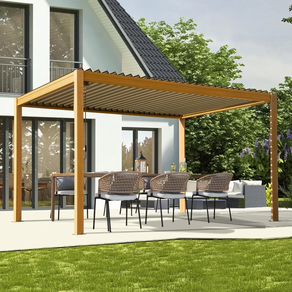 Pergola 10X13FT, Grain Aluminum Pergola Adjustable Roof, Looking Alunimun Frame, Efficient Drainage System, Outdoor Pergola