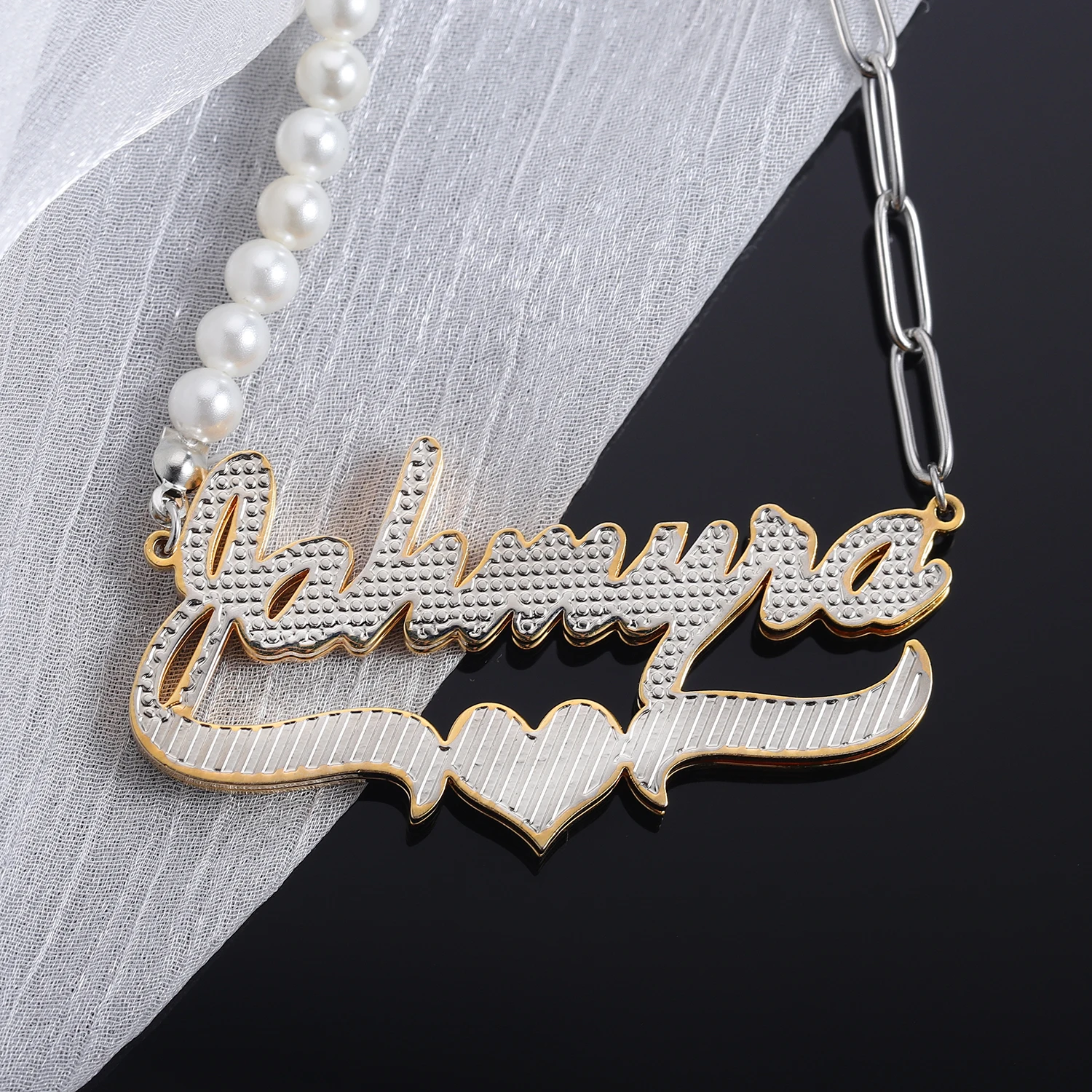 Double Plate Personalized Name Necklace With Heart Two Tone 18K Gold-Plated Custom Nameplate Necklaces Pearl Chain Women Jewelry