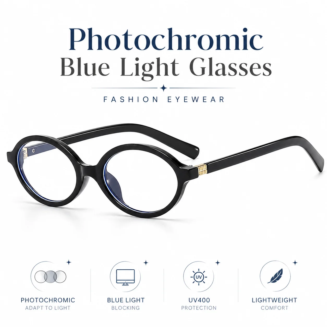 Photochromic Blue Light Blocking Glasses Women UV400 Round Frame Eyewear Lightweight Fashion for Travel Beach Daily Casual Photo