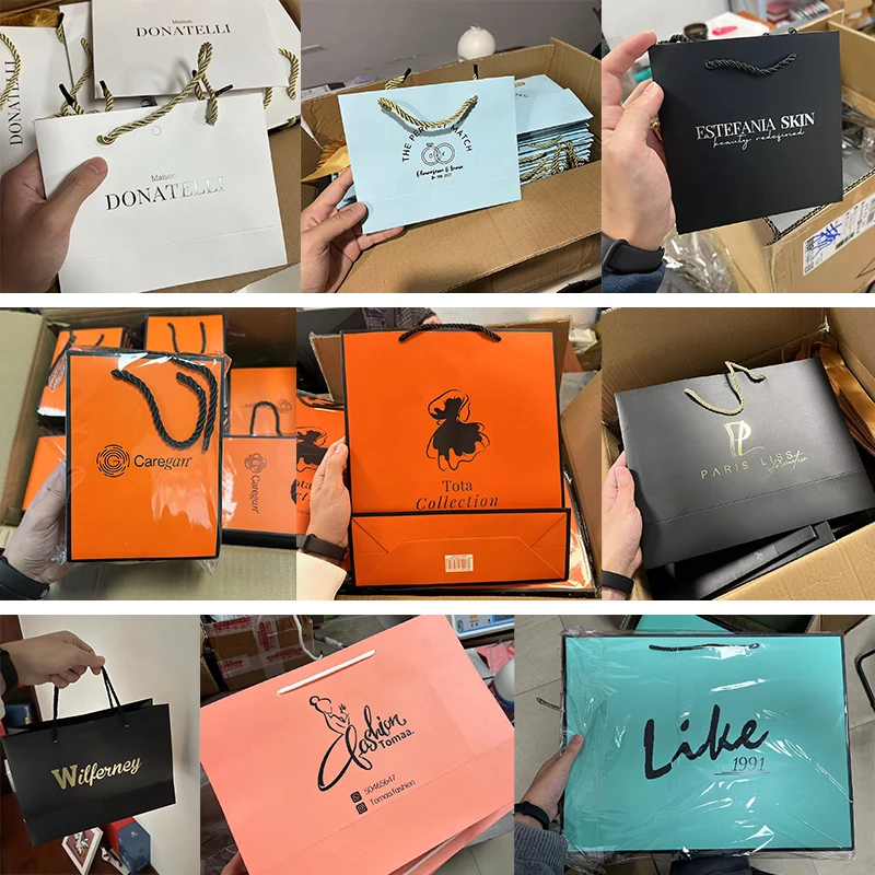 Imagem -06 - Bolsas de Papel com Fita de Ouro Alça Bolsas de Negócios Personalizados Bolsalas para Negócios Design Livre Logotipo de Impressão 100 Pcs por Lote