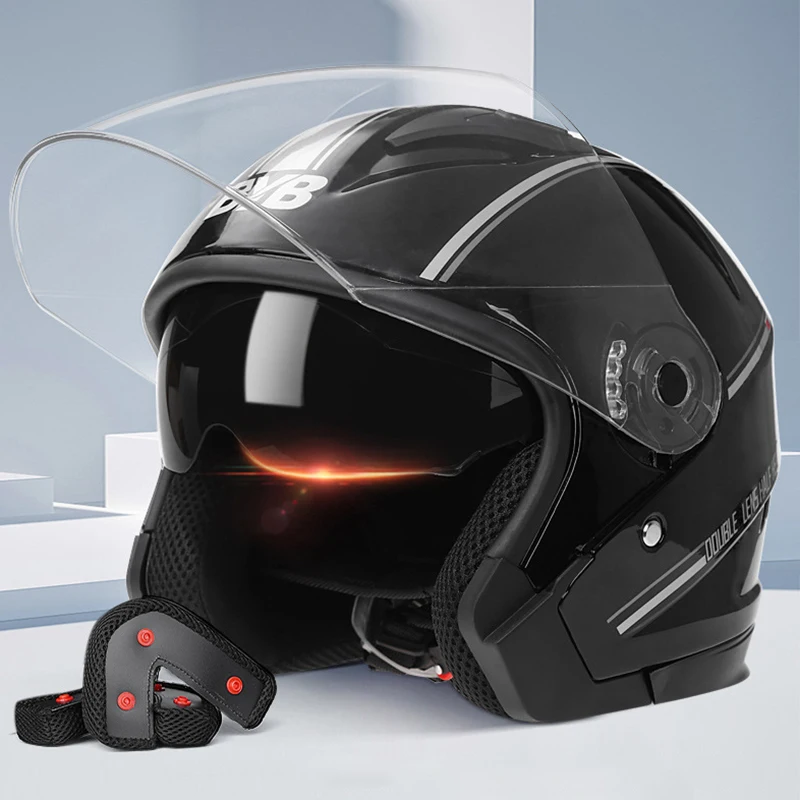 Attrezzature per moto Casco aperto per uomo Donna Visiera parasole a doppia lente Visiera Top leggero Scooter Retro 3/4 Copricapo