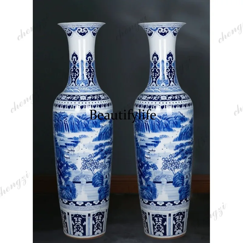Jingdezhen ceramics antique hand-painted blue and white porcelain floor-to-ceiling large vase hotel decoration large ornament