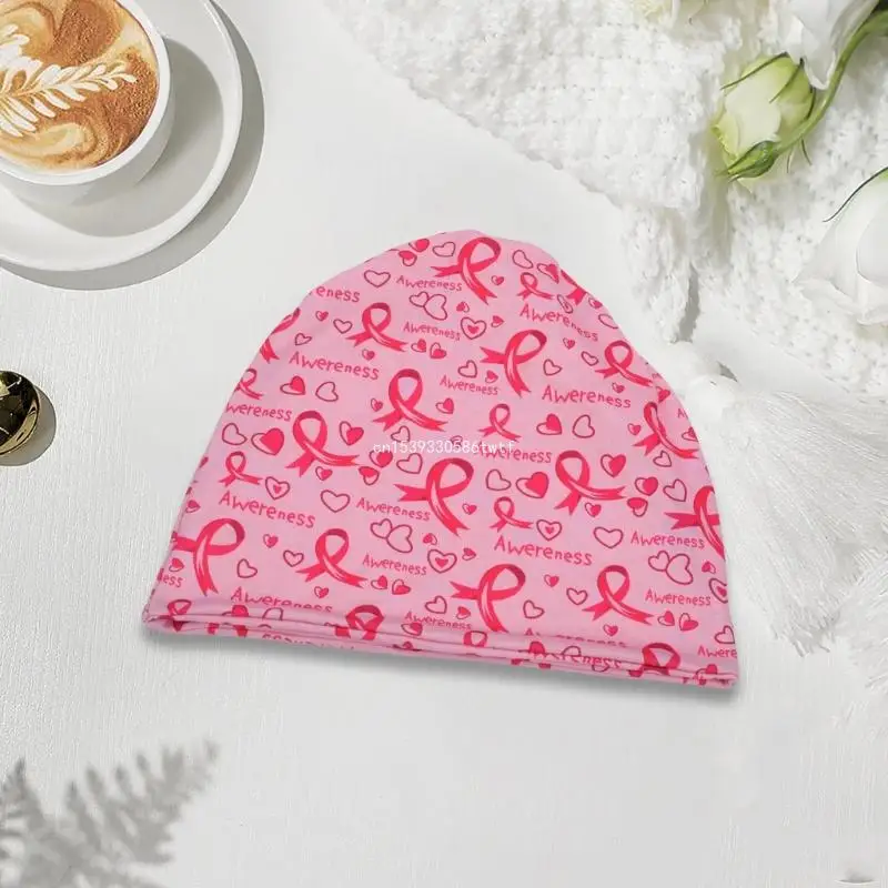 Comfortable Breast Cancers Skull Caps Awareness Pattern Ribbon Print Headwrap Hat Dropship