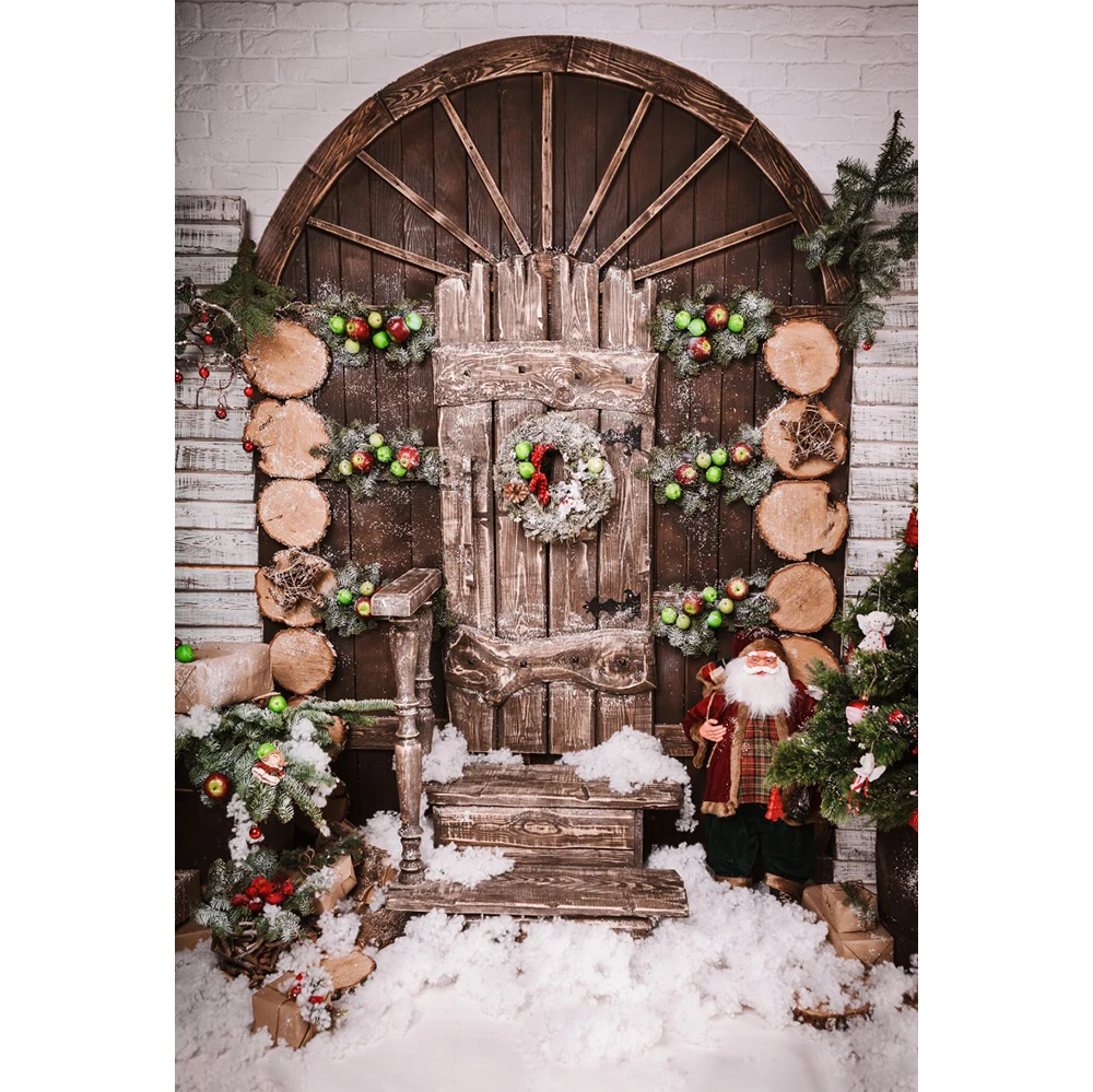 

Laeacco Winter Christmas Backdrop Rustic Barn Wood Door Xmas Tree Snow Gift Bell Kids Birthday Portrait Photography Background