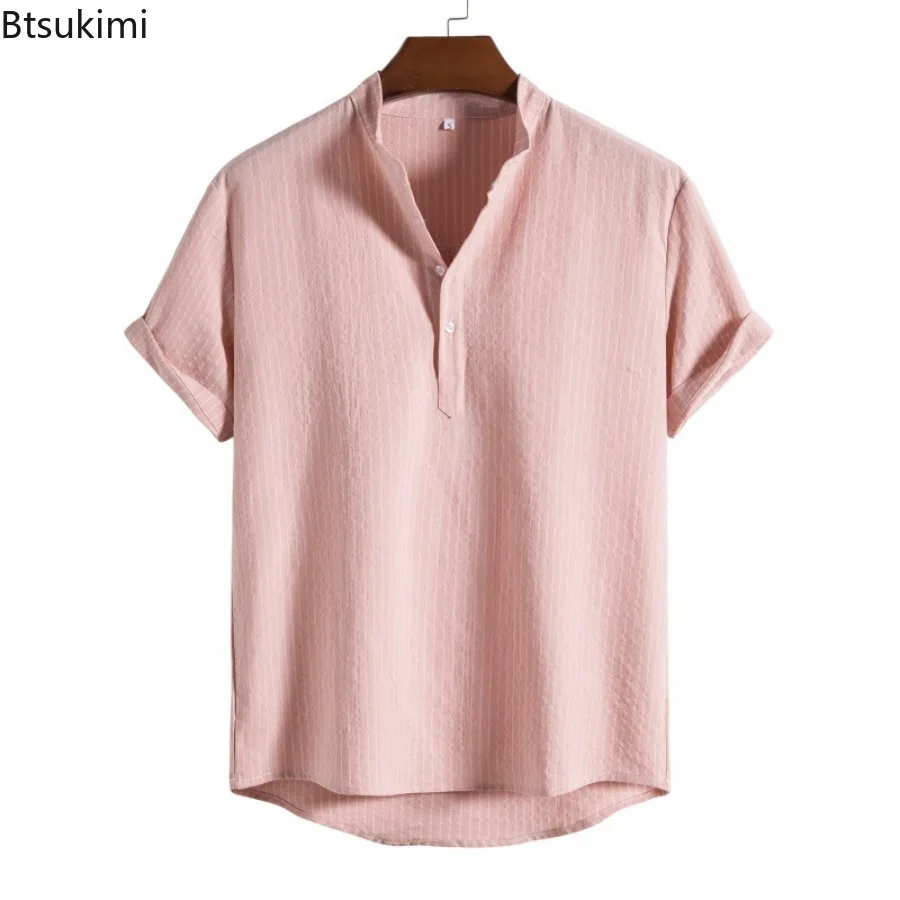 Verão novo masculino manga curta listrado solto camisas casuais moda meio botão-up pullovers simples e confortável camisas de algodão masculino