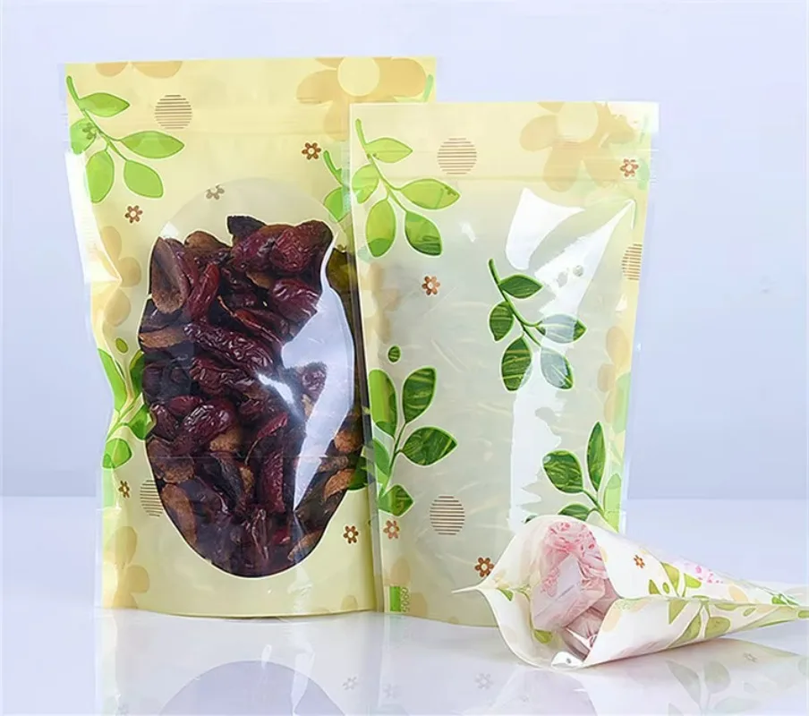 

100PCS Green Leaf Design Stand Up Ziplock Bags - Resealable Plastic Pouches for Coffee, Snacks, Nuts, Biscuits, Sugar