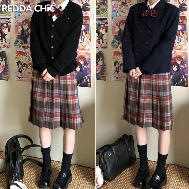 REDDACHiC Women's Plaid Tweed Skirt High Waist A-Line Knee Long Swing Tartan Pleated Skirt Vintage Trendy Student School Uniform