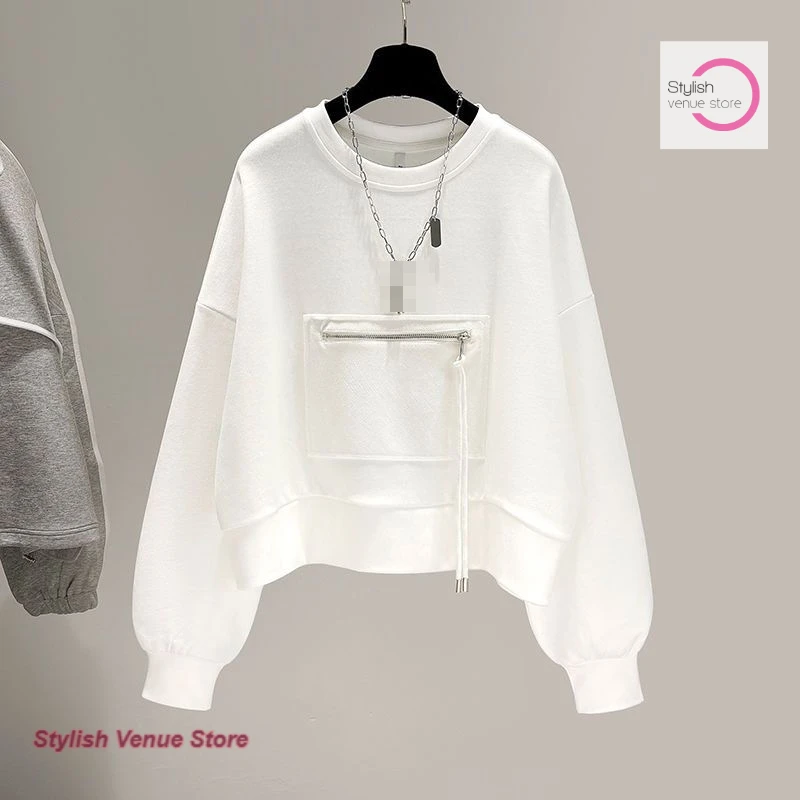 

Korean version of short round neck long sleeve sweater women's spring and autumn loose zipper pocket fashion casual pullover.