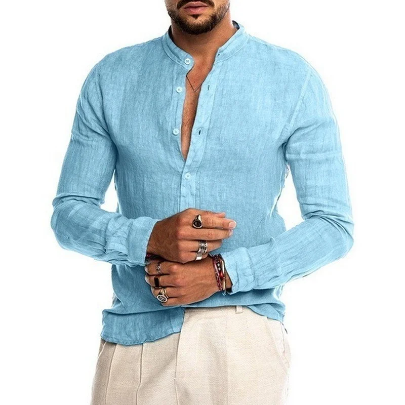 Moda masculina casual camisa de cor sólida botão de linho algodão confortável diário camisa de manga longa