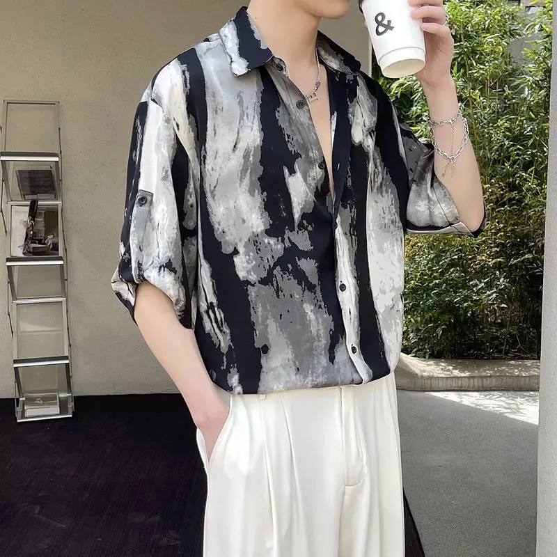 2024 New Summer Haute Couture Lapel Print Korean Version Ruffled and Handsome Loose Casual Oversize Medium Sleeved Floral Shirt