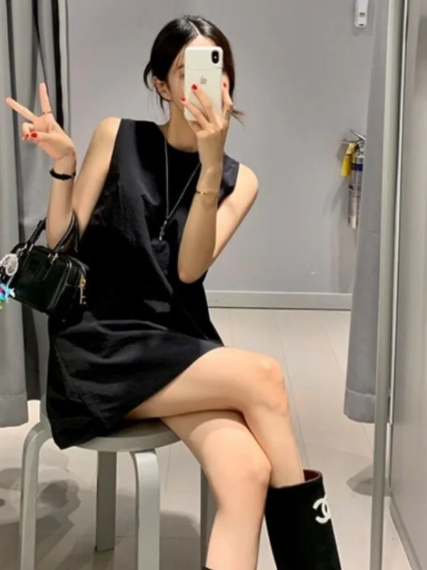 Korean Style Color round Neck Sleeveless Vest Dress Women Summer New Small Size Slimming Midi Skirt Casual Wear