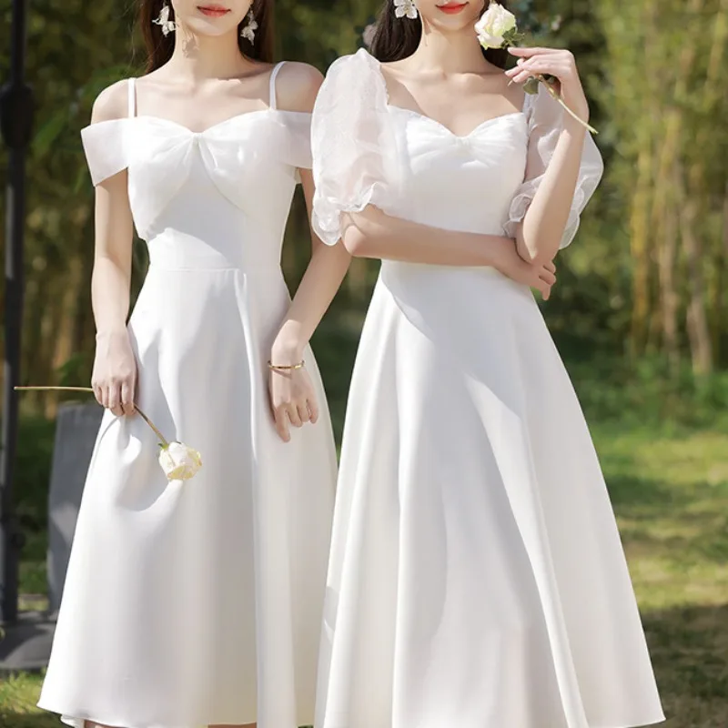 Customized White Bridesmaid Dresses Elegant Temperament Sling Simple Slim Wasit Solid Wedding Party Gown Puff Sleeve Medium To L