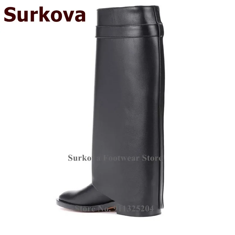 Surkova Shark Lock Low Heel Knee-High Boots Women Black Matte Leather Strap Turn Over Metal Decoration Dress Boots Chunky Heels