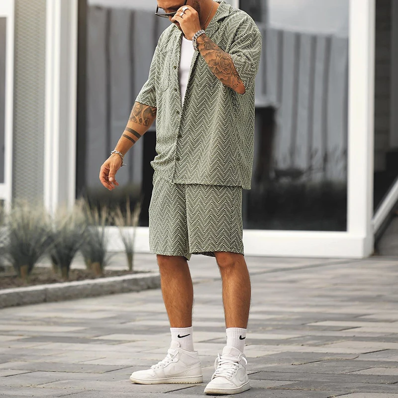 Casual Men\'s Clothing Two Piece Suits 2023 Spring Summer Fashion Button-up Lapel Shirts And Shorts Sets Men Vintage Streetwear