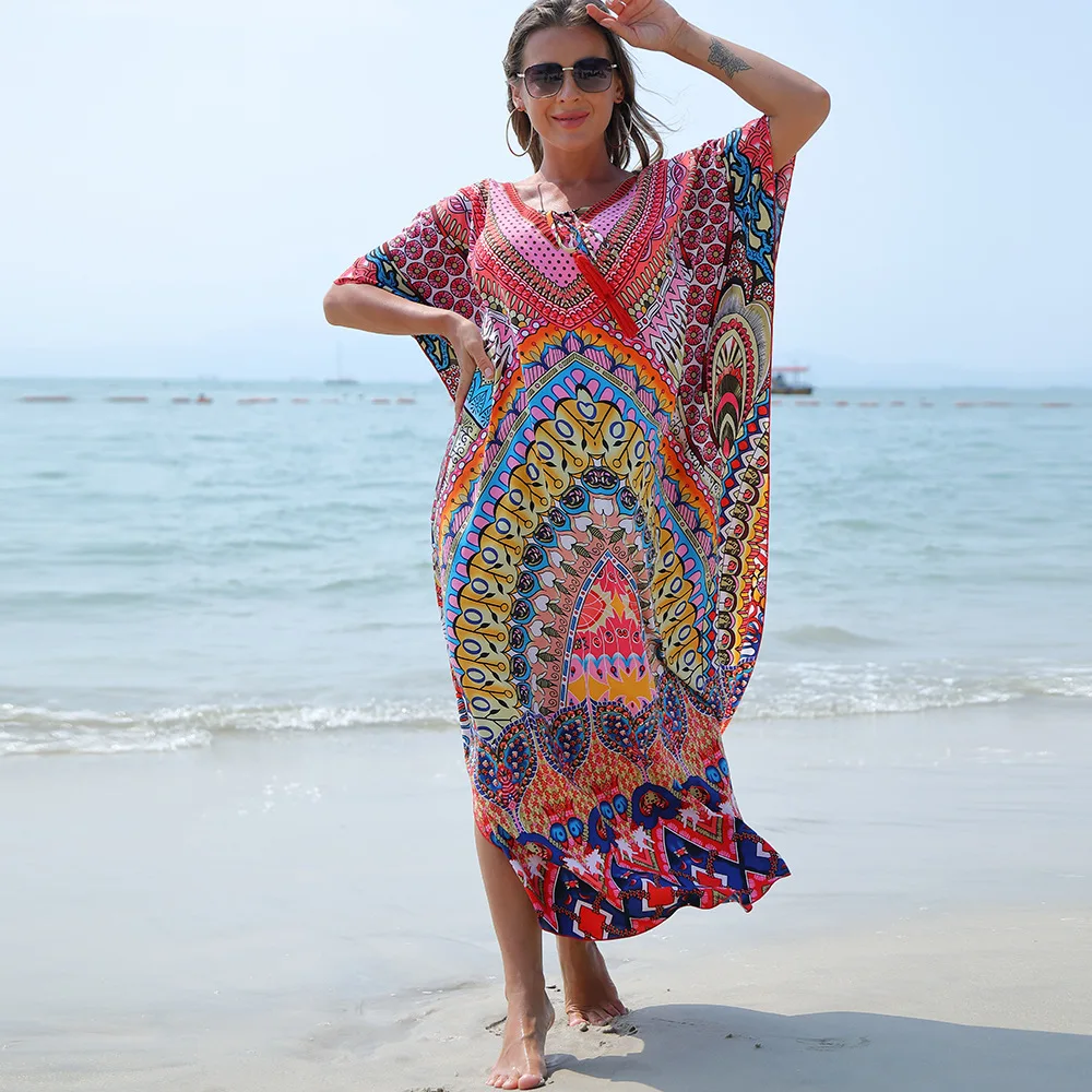 Beach Dress Women Vintage Print Short Sleeve Female Robe Loose Casual Beach Cover Up Boho Quick Dry Fabric Dress Vacation Gear