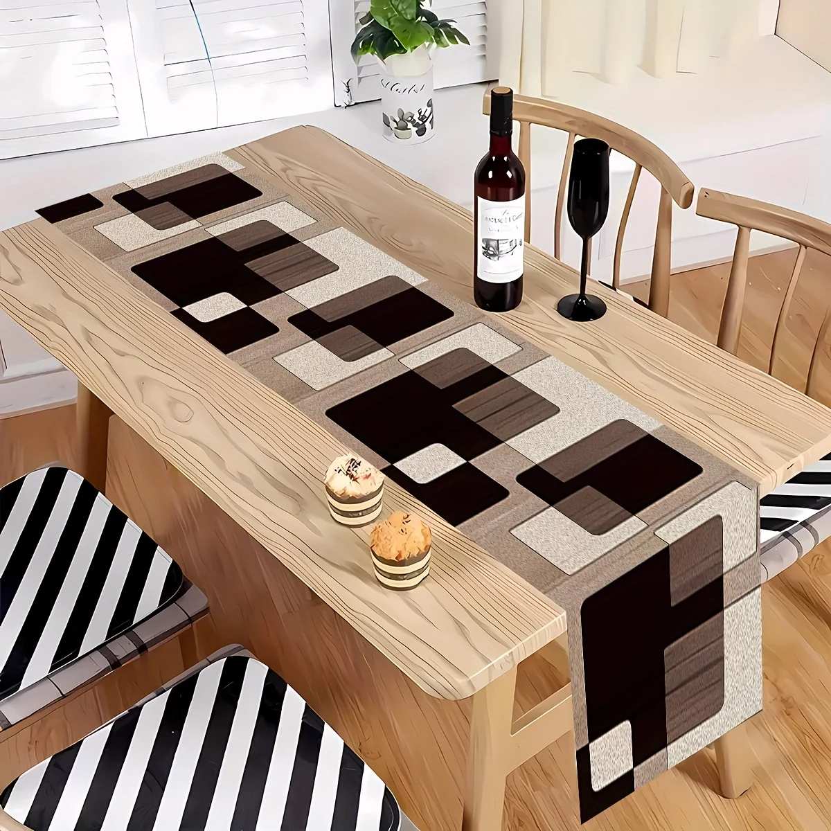 Geometric Square Table Runner With Brown Tones Ideal For Modern Dining Table Decoration Adding Stylish Charm