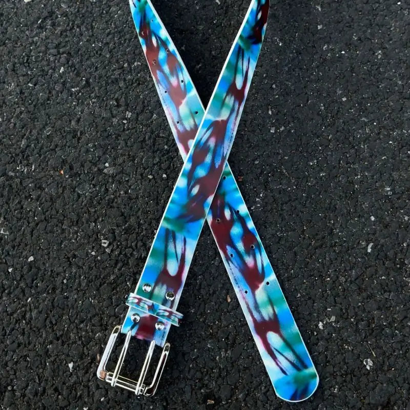 Trendy Unisex Cyberpunk Neon Tie Dye Belt with Double Prong Buckle Fashion PU Leather Strap Jeans & Pants Streetwear Accessory