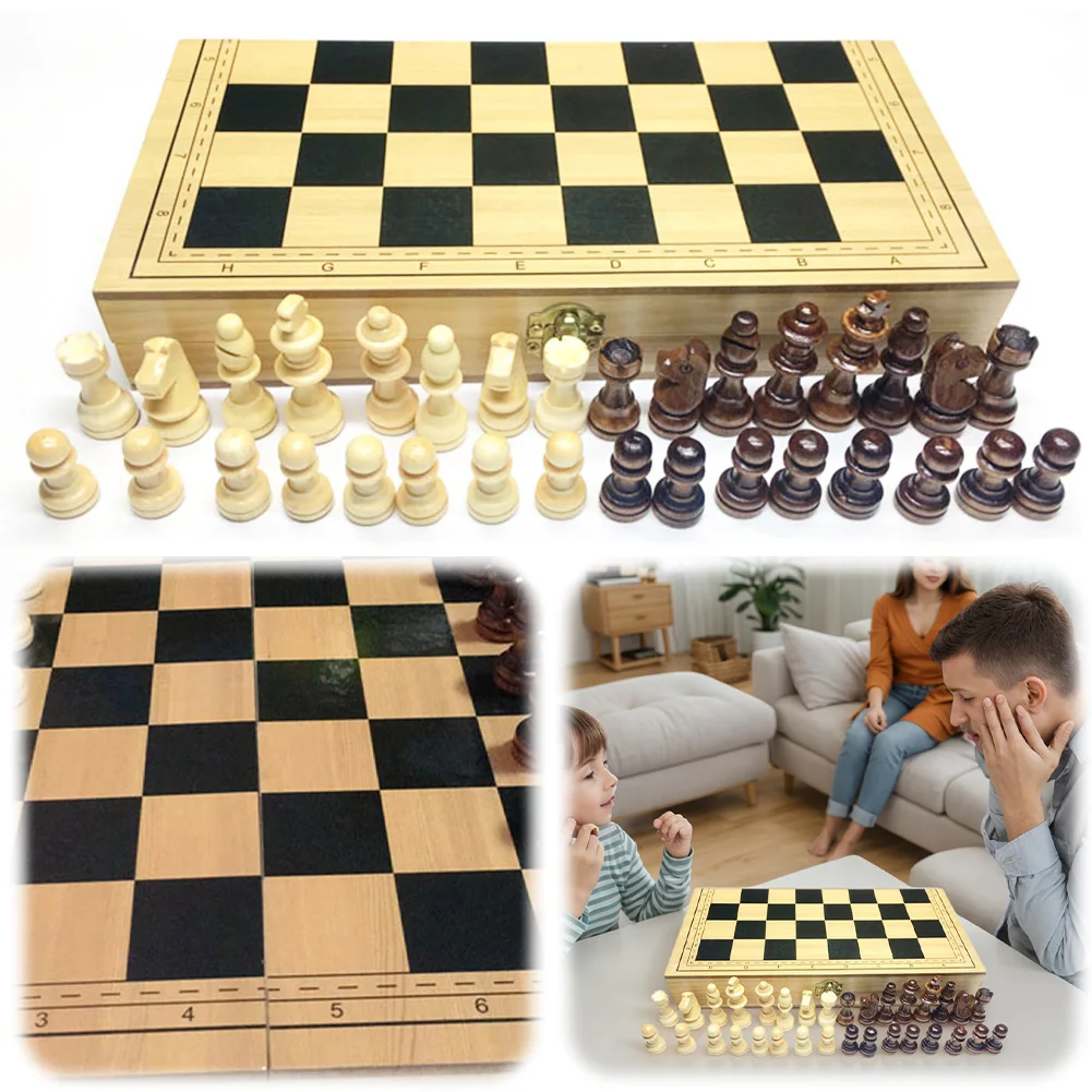 Wooden Foldable Magnetic International Chess Set Tabletop Game Chess Board Game Educational Toys for Kid Adult