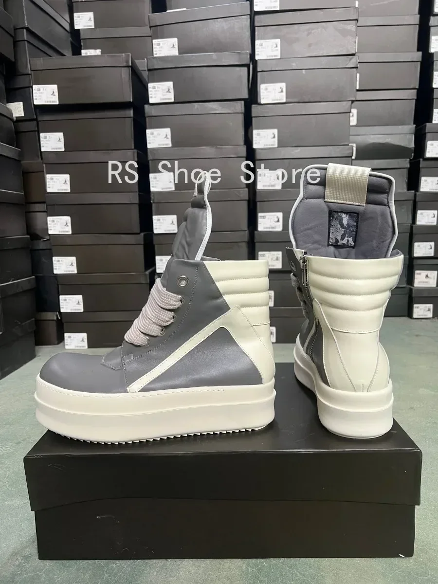 Ro مصمم أحذية الرجال حذاء رياضة رمادي النساء رمادي جلد حذاء بوت بطول الكاحل جامبو الأربطة منصة 6 سنتيمتر نعل سميك عالية أعلى حذاء كاجوال