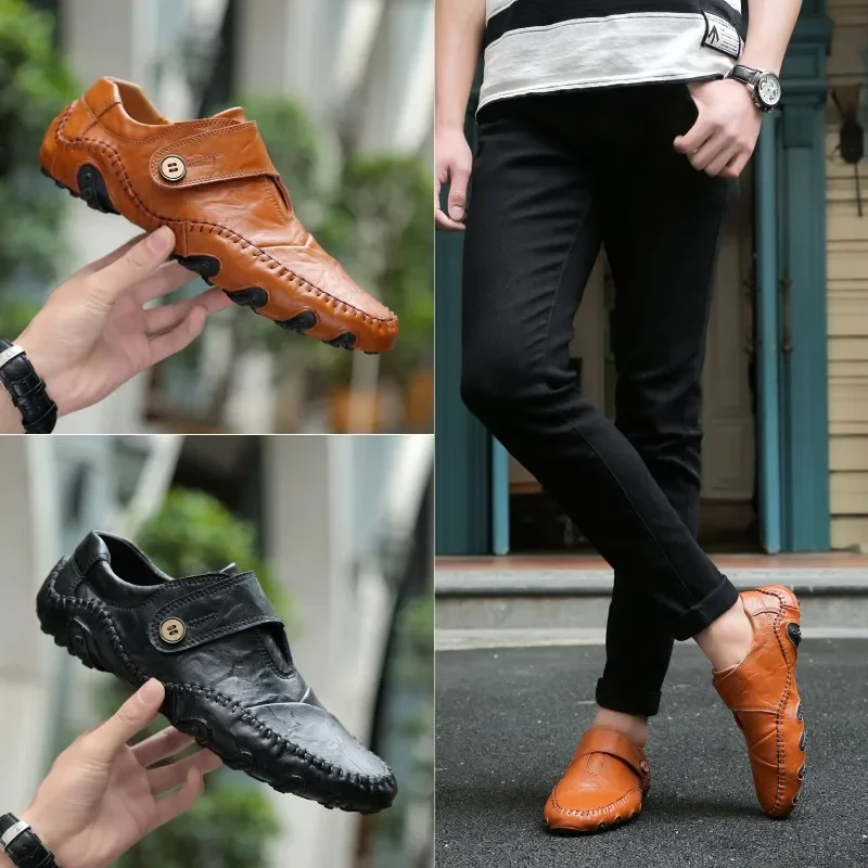 Zapatos informales de cuero genuino para Hombre, zapatillas sin cordones de alta calidad para exteriores, estilo británico, a la moda