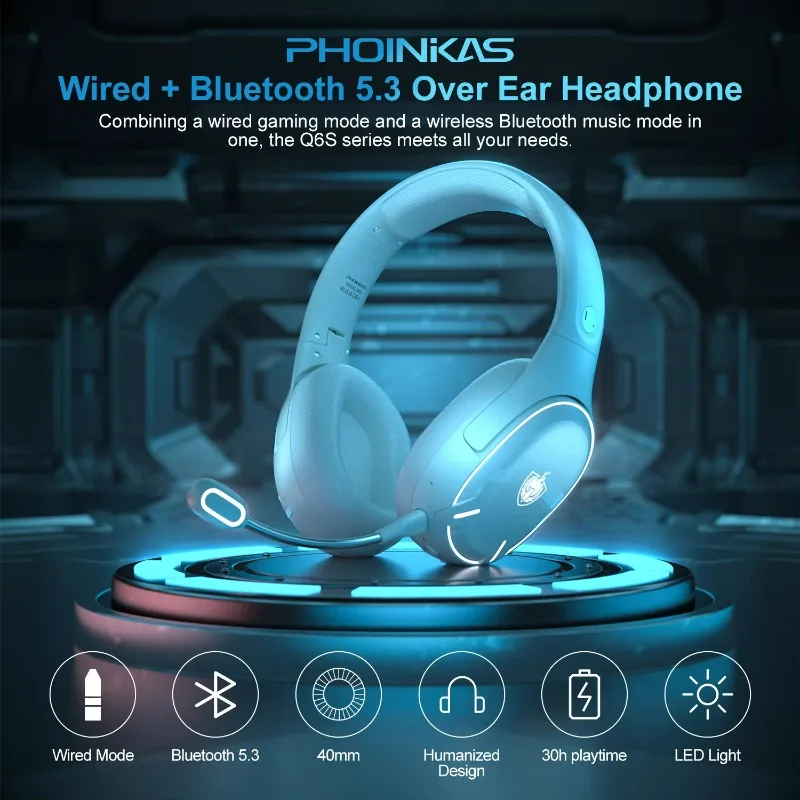 PHOINIKAS PS5 Gaming Headset for PS4, Q6S Bluetooth 5.3 Over Ear Headphones with Detachable Noise Cancelling Mic, 30h Playtime