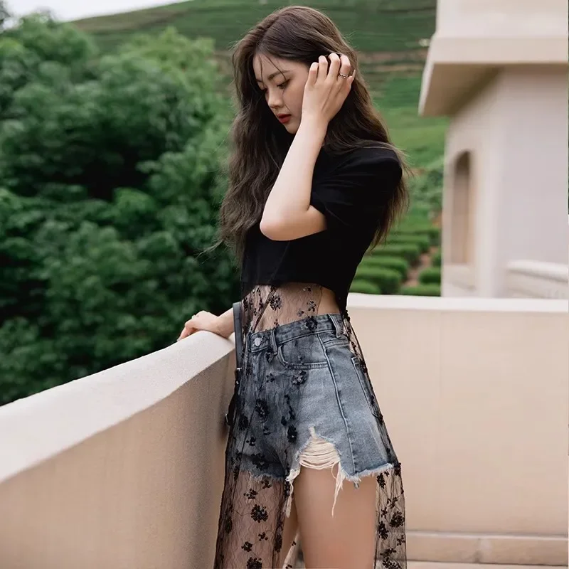 Verão 2025 nova moda vestido feminino paillette gaze bordado unido juntos preto gola redonda camiseta outerwear feminino