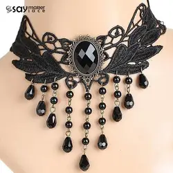 Gothic Black Lace Necklace For Women Girl Boho Crystal Pearl Sexy Lace Choker Punk Dark Lolita Style Halloween Jewelry