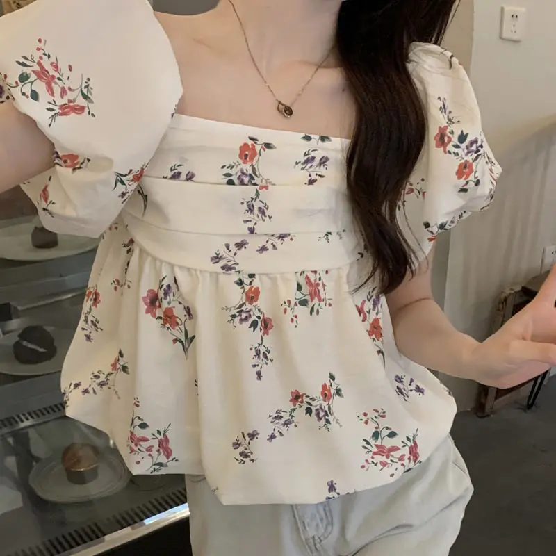 Summer New Sweet Loose Off Shoulder Top Shirt Trendy Puff Sleeve Floral Korean Style Casual Short Sleeve Fashion Women Clothing