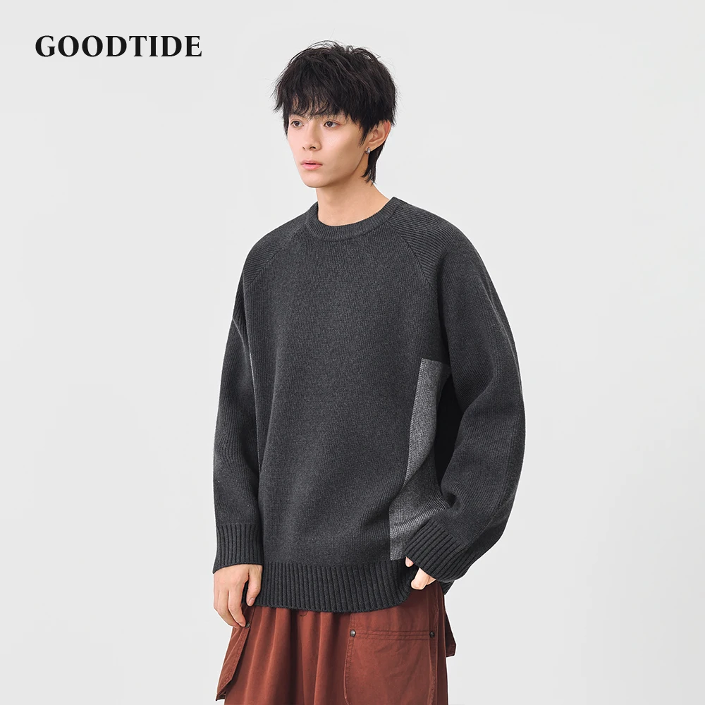 2025 Winter Fashion Men's Casual Crew Neck Sweater Contrast Panel Raglan Sleeve Knitted Pullover Soft Long Sleeve Jumper Top