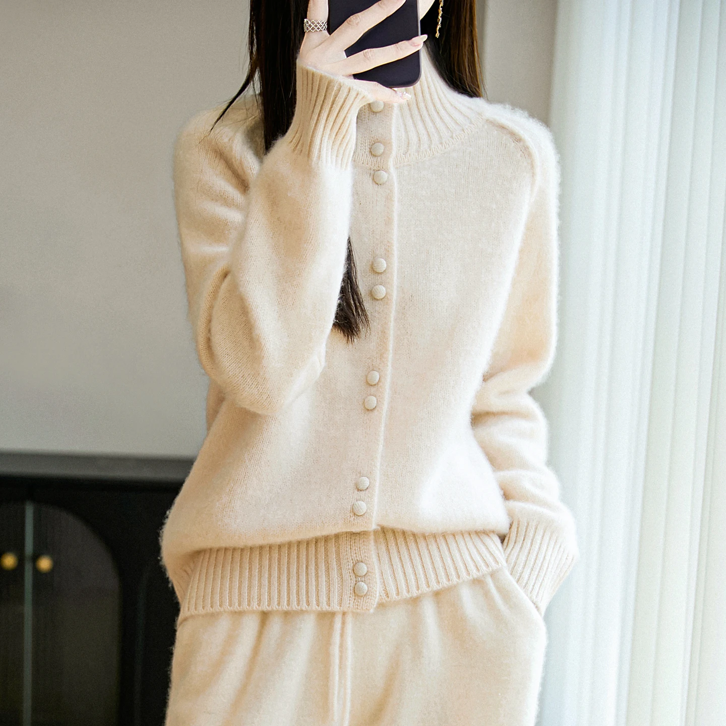 

Осенне-зимний свитер, вязаные джемперы с длинными рукавами, однобортная верхняя одежда, женские кардиганы, толстые теплые свободные 100% шерсть с высоким воротником