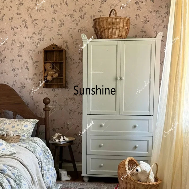 French Cream Wind Solid Wood Vintage Pastoral Bedroom Locker Storage Wardrobe