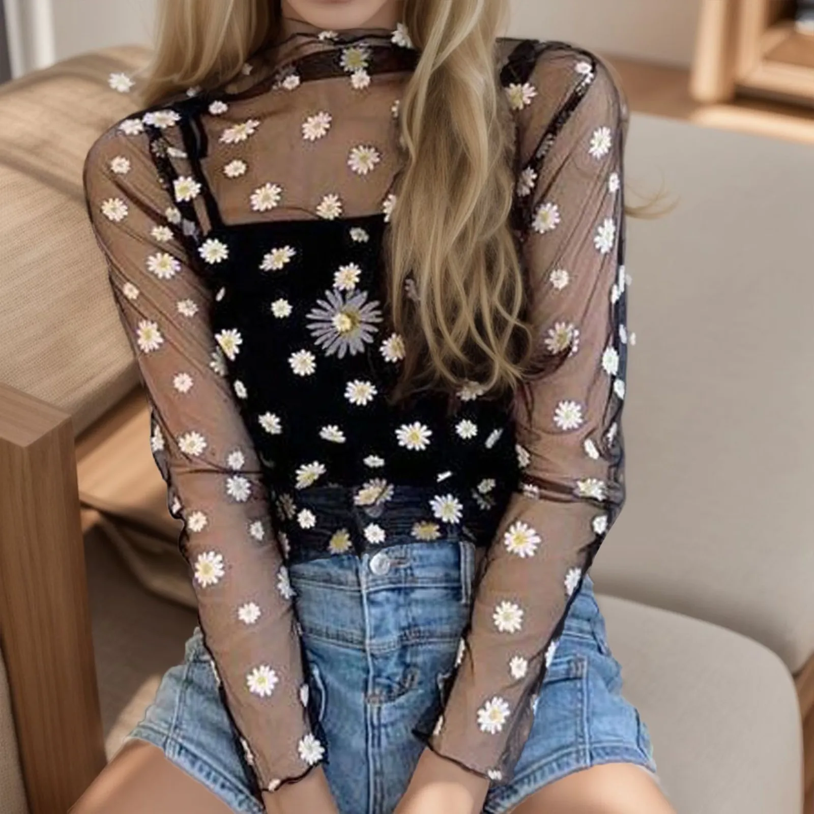 

Women Shirt Daisy Print Lace Sheer Tops Sexy Tees Long Sleeve Thin Mesh Shirts Fashion Summer Sunscreen Blouse For Ladies 2024