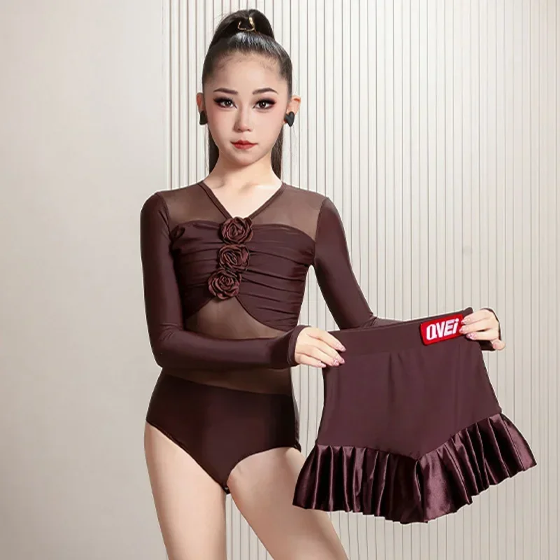 Vêtements de danse latine pour enfants filles, body et jupes en maille à volants pliables à fleurs, vêtements de danse pour spectacle Rumba pour salle de bal pour enfants