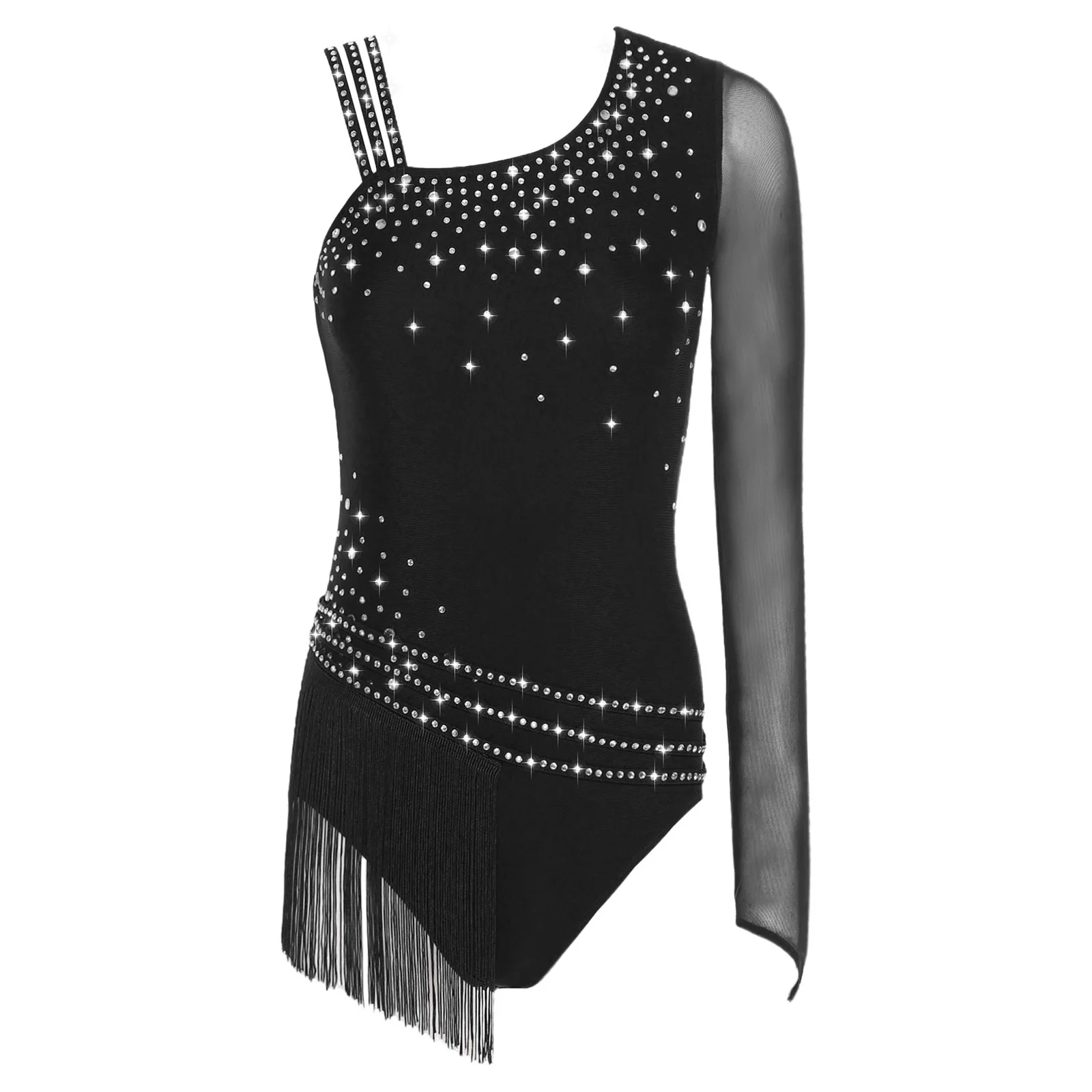 Women Figure Skating Leotard Latin Dance Cha-cha Gymnastics Acrobatics Costume Glittery Rhinestone Mesh Tassel Fringe Bodysuit