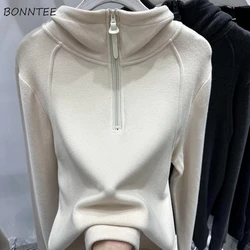 With Hat  Hoodies for Women Half-zip Simple Solid Korean Fashion All-match Streetwear Chic Design Causal Autumn Winter Tops Y2k