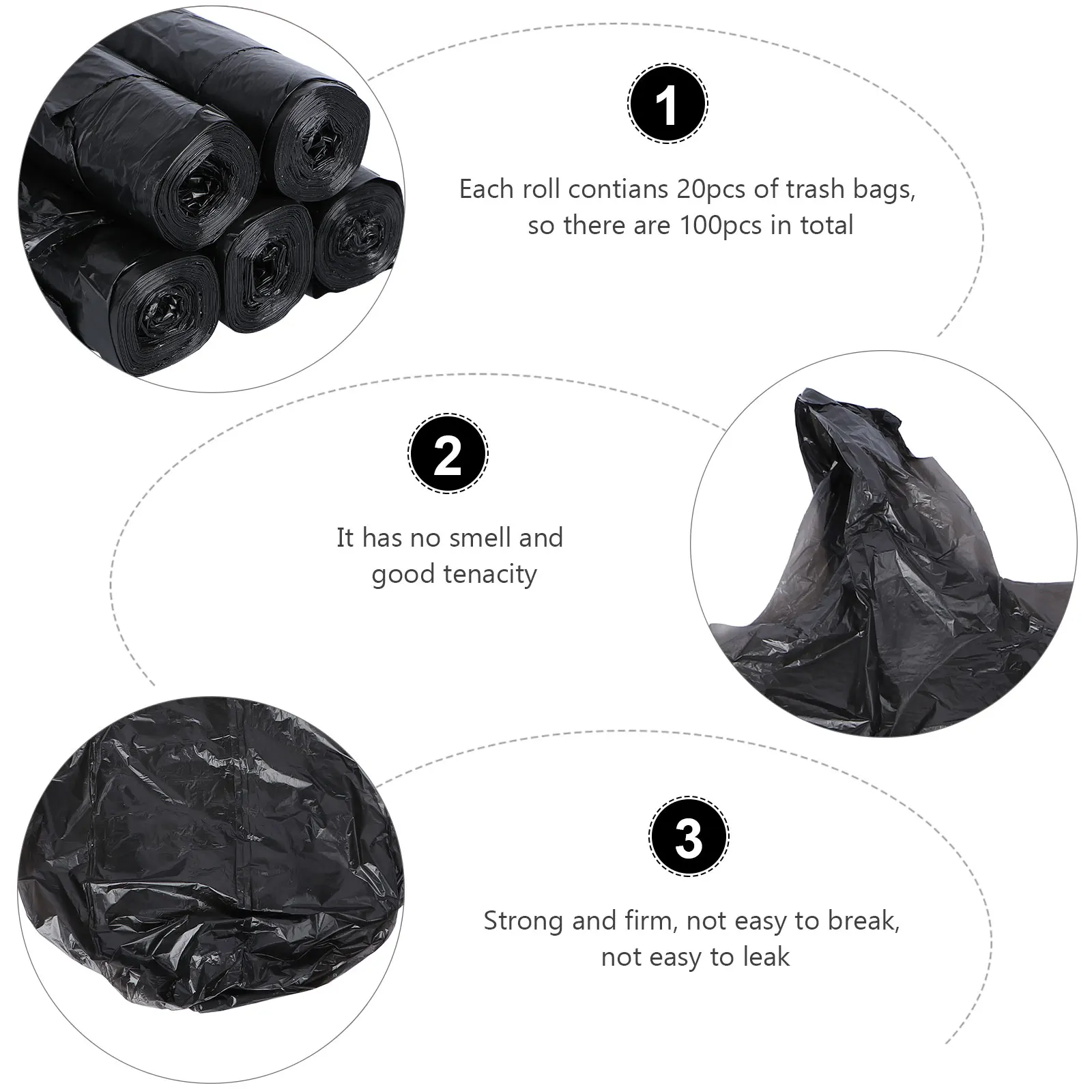

5 Rolls Trash Bag Portable Garbage Strong Bags Point Break Rubbish Black Office