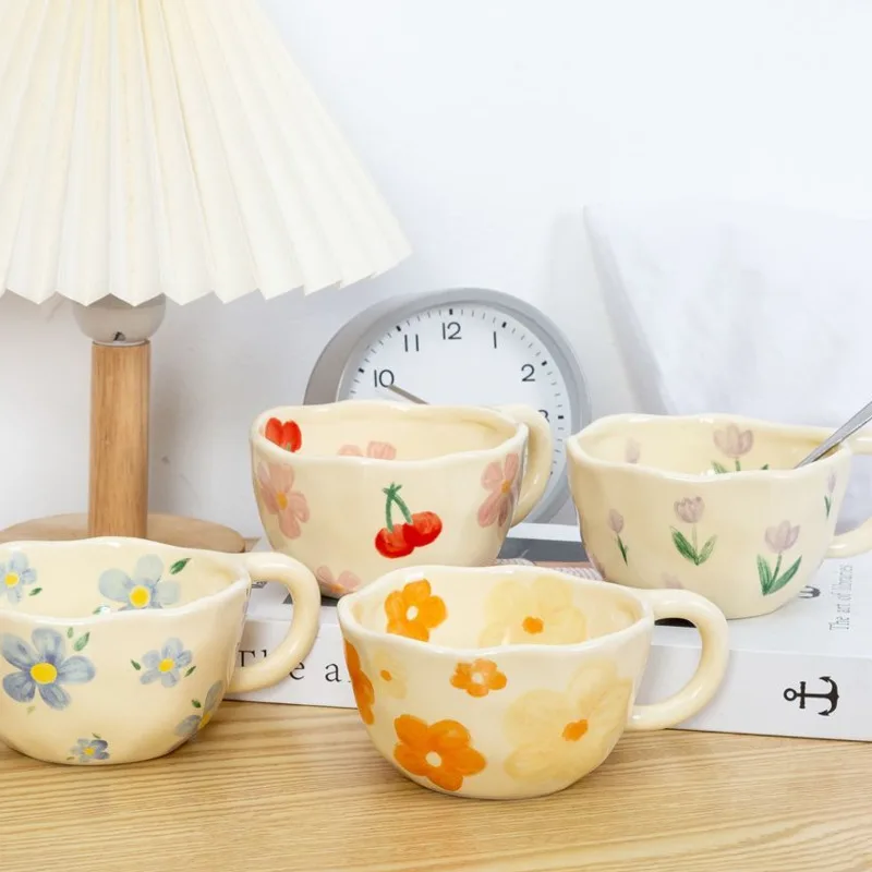 

Hand-painted Flower Milk Tea Ceramic Mug Coffee Cup Hand Held Irregular Cup Korean Style Oatmeal Breakfast Mug Beverage Kitchen