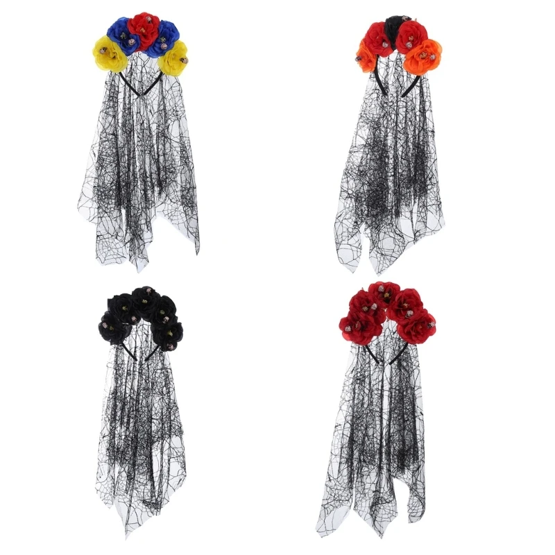 Day Of the Dead Headband Skull Headband Web Veil Flower Crowns For Women