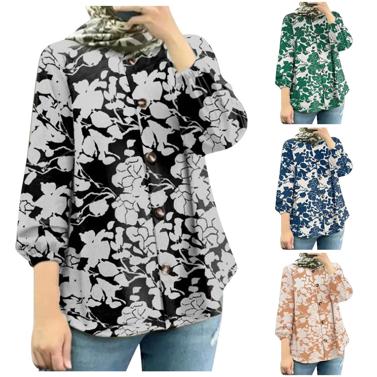 muslim women clothing Floral Shirt Robe Fashion Puff Sleeve Chemise Bohemian Casual Shirt Tops Blouse женская одежда из Турции