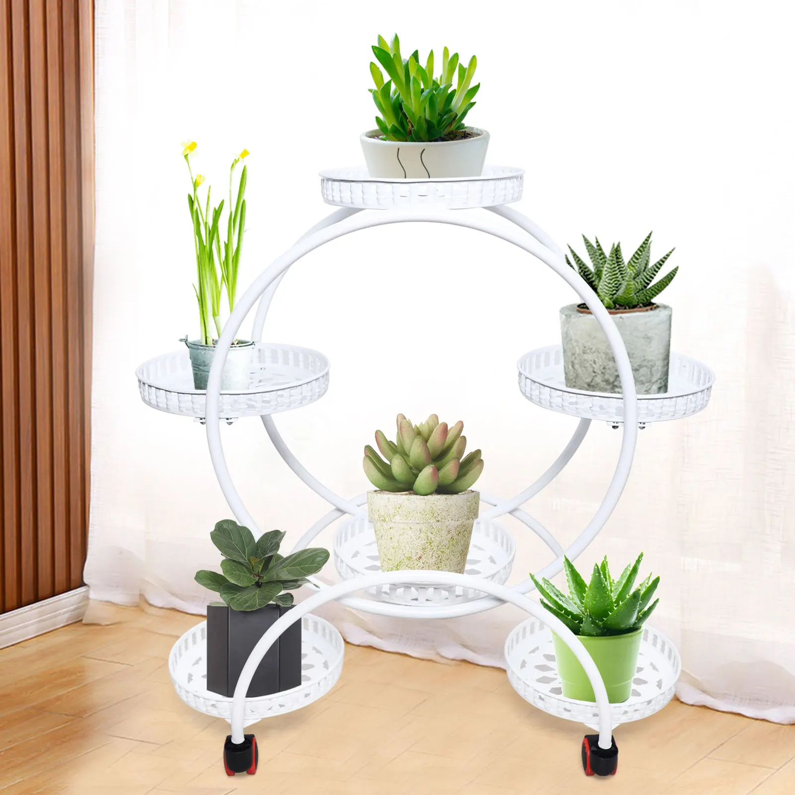 Plant Stand with Multi-Tier Staggered Design, White Iron Frame, Corrosion and Rust-Resistant, Easy to Move with  Wheels,