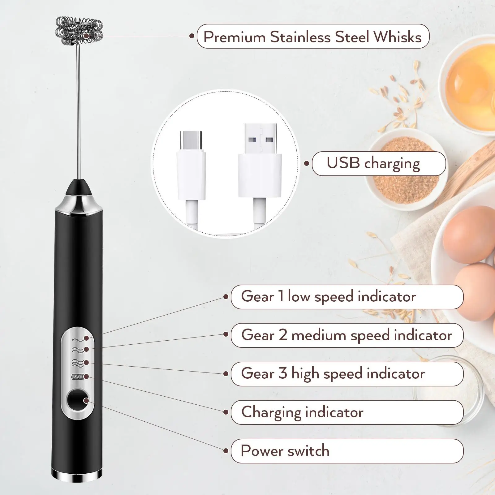 Electric Whisk Frother for Coffee Drink Mixer Beater 2 Whisk Heads USB Rechargeable Large Capacity Low Noise Portable