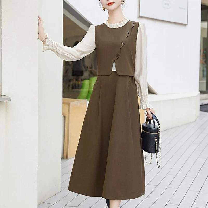 Spring Autumn Fake Two Pieces Midi Dress Women Stand Collar Long Sleeve Fashion Dresses Elegant Contrast Color Button Vestidos