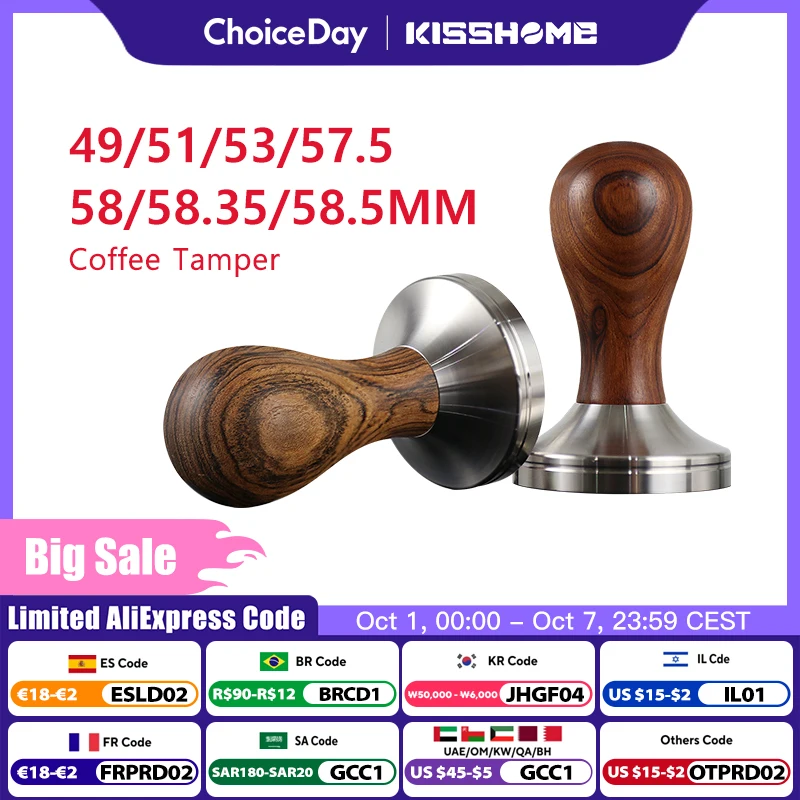 Coffee Tamper Wooden Espresso Powder Hammer 41/49/51mm/53mm/57/57.5mm/58mm/58.35mm Stainless Steel Barista Tool Coffee Accessory