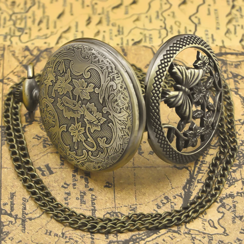 Vintage Bronze Steampunk Butterfly Cutout Engraving Quartz Pocket Watch Necklace Pendant Clock Chain Men Women Chain Gift