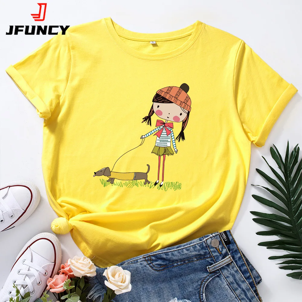 

JFUNCY 5XL Women Cotton T Shirt Girl and Dog Print Loose Tees Short Sleeve Woman Casual T-shirt Summer Female Tops