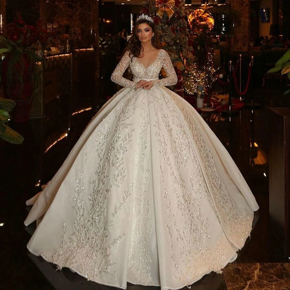 Saudi Arabic Ball Gown Illusion Back Long Sleeve Wedding Dresses Sweetheart Glitter Sequined Appliques Bride Gowns Customized