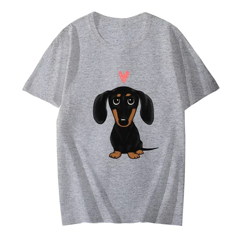 Nero e marrone chiaro bassotto con cuore retrò Y2K divertente t-shirt femminile estate simpatico cartone animato cane Wiener moda tee top casual top