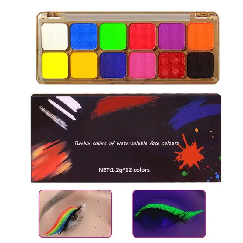 Water Based Face Paint Kit UV Fluorescent Eyeshadow Face Body Painting 12 Color Highly Pigmented Water Soluble Face Body Paint